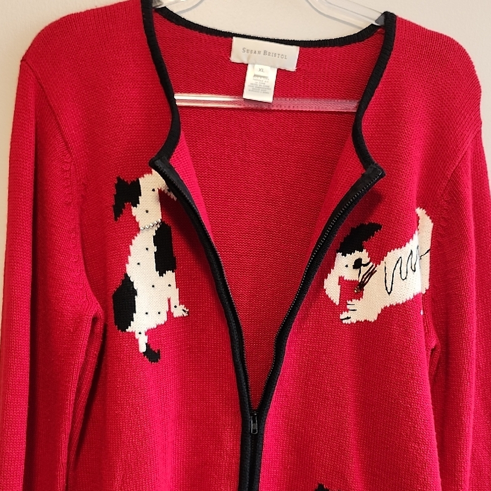 Susan Bristol Red Full Zip Festive Cardigan Dog Motif Animal Print Cottagecore - Picture 8 of 11